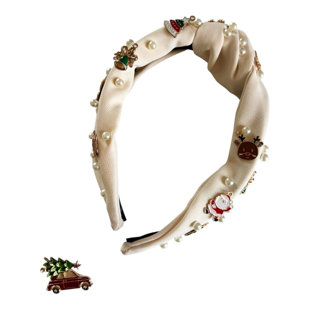 Christmas Holiday Charm Headband and Pin Bundle Faux Pearls X-Mas Tree Santa